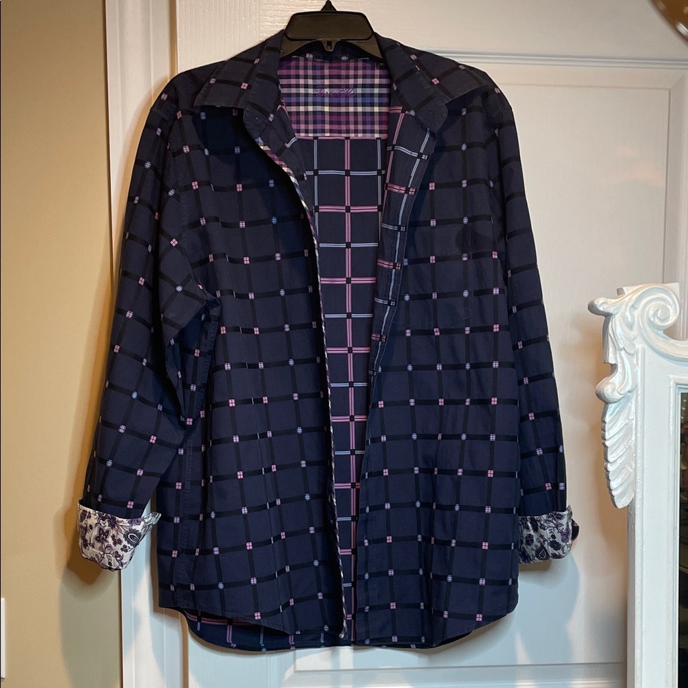 Tasso Elba Men's Navy and Purple Checkered Shirt